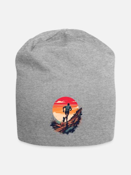 Trail Running Sunset Mountain Runner Graphic Art - Jersey Beanie - heather gray - Front