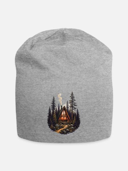 Vintage A Frame Cabin Woods Forest Nature Camping  - Jersey Beanie - heather gray - Front