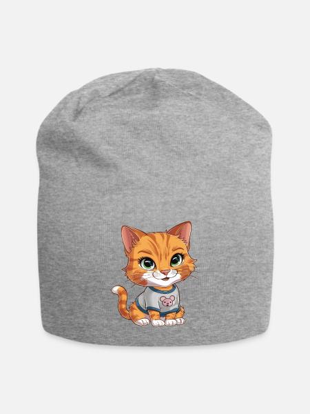 Orange Tabby Cat Wearing Mouse Shirt - Jersey Beanie - heather gray - Front