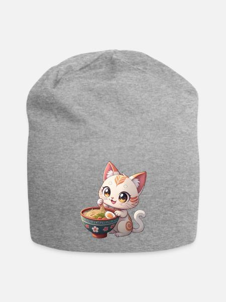 Kawaii Cat's Noodle Adventure: Springtime in Bowl - Jersey Beanie - heather gray - Front