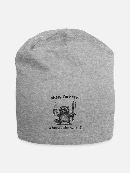 Okay I'm Here Where's The Work Funny Retro Raccoon - Jersey Beanie - heather gray - Front