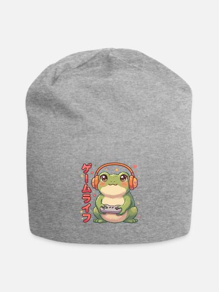 Japanese Gamer Frog Art Kids Boys Meme Gaming - Jersey Beanie - heather gray - Front