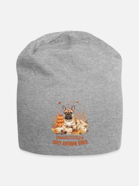 Cozy Autumn French Bulldog Fall Pumpkin Gift - Jersey Beanie - heather gray - Front