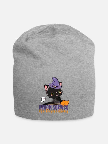 Halloween Witch Kawaii Cat flying Broom Boo Ghost - Jersey Beanie - heather gray - Front