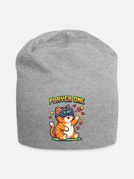 Player One Cute Cat Gamer VR Headset 8-Bit Pixel - Jersey Beanie - heather gray - Front
