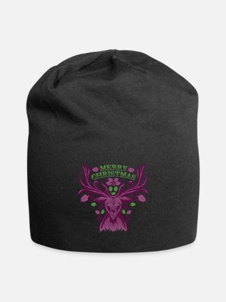 Deer Merry Christmas Reindeer Head Stag Antler - Jersey Beanie - black - Front