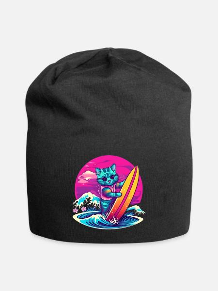 Surfing Cat Retro Vibes - Jersey Beanie - black - Front