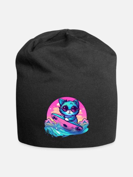 Retro Surfing Cat - Jersey Beanie - black
