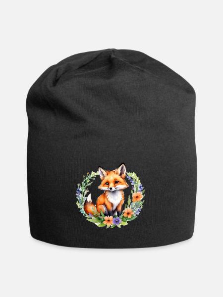 Watercolor Fox in Floral Wreath - Jersey Beanie - black