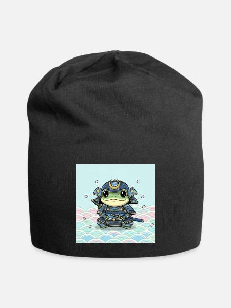 Samurai Frog in Blue Armor - Jersey Beanie - black - Front
