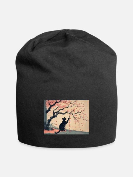 Midnight Cat in Sakura Bloom - Jersey Beanie - black - Front