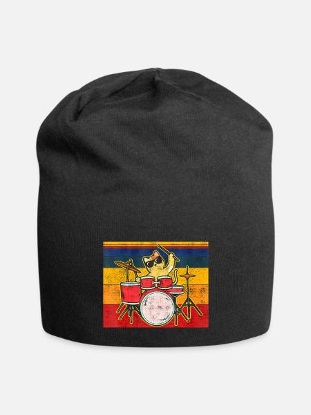 Cat with drums sunglasses and drumstick musician - Jersey Beanie - black - Front
