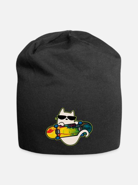 Cat And Skateboard Skateboarding Cat Deck Art - Jersey Beanie - black - Front
