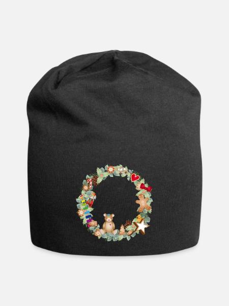 Colorful Christmas Wreath with Toys & Gingerbread - Jersey Beanie - black - Front