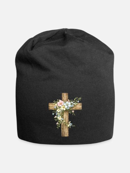 Pastel Floral Cross - Jersey Beanie - black