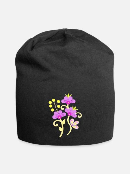 Purple Floral Bloom with Butterfly - Jersey Beanie - black