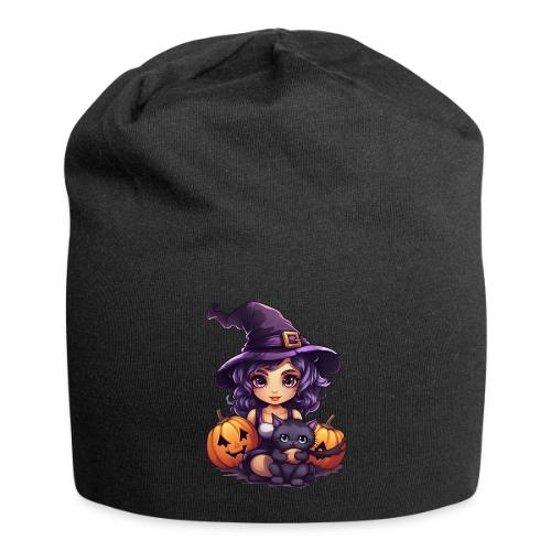 Cute Witch and Cat - Halloween Party - Jersey Beanie