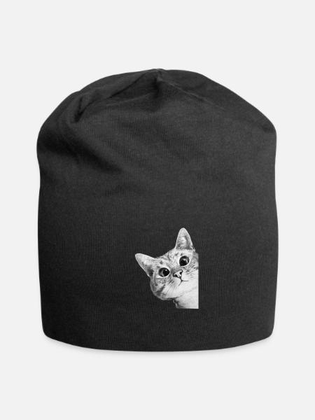 Curious Kitten Mono Sketch - Jersey Beanie - black - Front