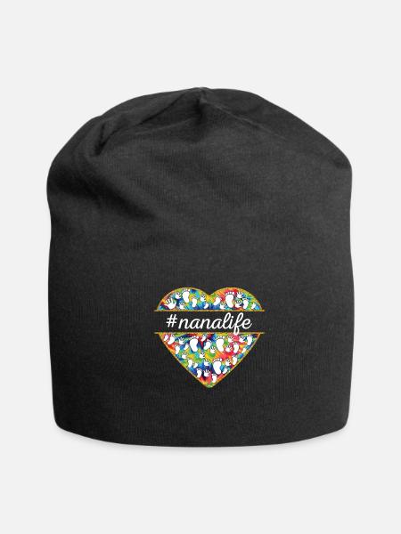 Nana Life Cute Heart Child Footprints Handprints - Jersey Beanie - black - Front