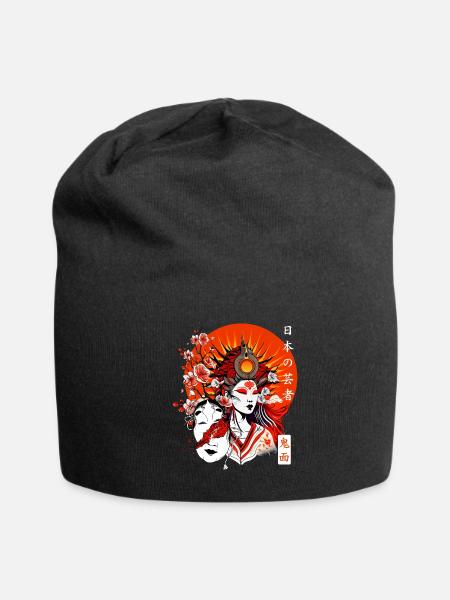 Japanese Geisha Kimono Cherry Blossom Sakura - Jersey Beanie - black - Front