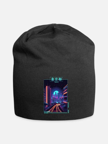 Retro Japanese Vaporwave City Cyber Futurism Aesth - Jersey Beanie - black - Front
