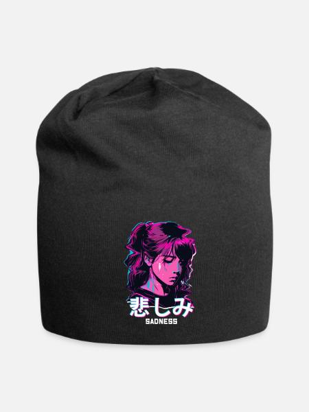 Sad Anime Girl Glitch Art Soft Grunge Vaporwave Ae - Jersey Beanie - black - Front
