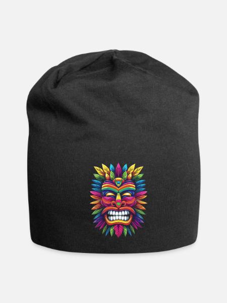 Tiki Luau Hawaiian Hawaii Tiki Mask Popart - Jersey Beanie - black - Front