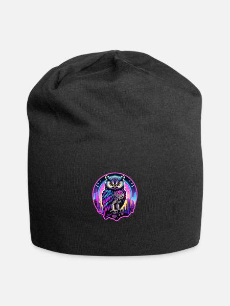 An owl with glowing neon blue and purple eyes - Jersey Beanie - black - Front