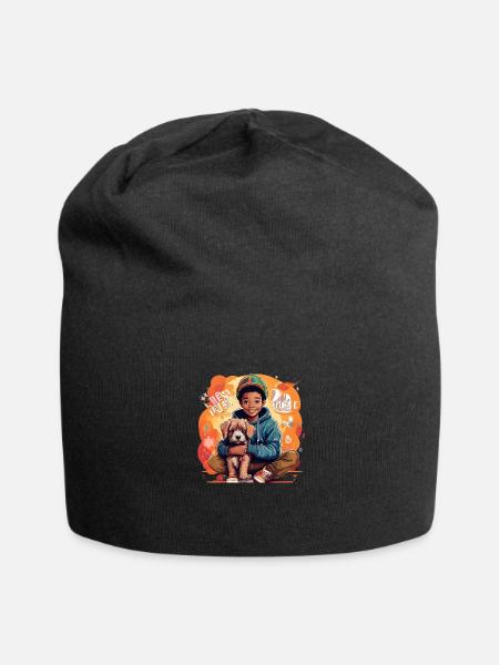 Cute little boy and puppy - Jersey Beanie - black