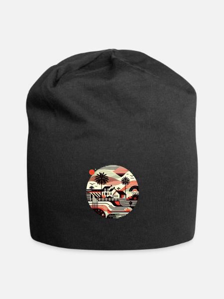 Palm-Embraced Sunset Landscape - Jersey Beanie - black