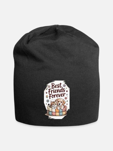 Animal Friends Forever Illustration - Jersey Beanie - black