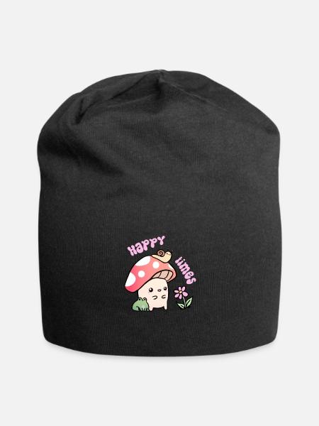 Happy Times A Cute Fun Mushroom And Frog And Snail - Jersey Beanie - black - Front