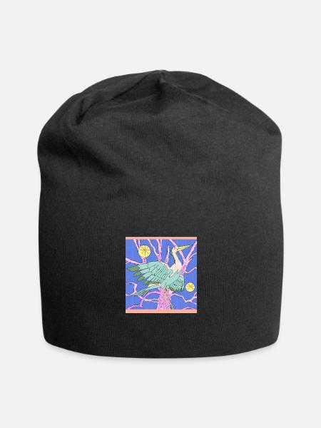 a heron on a starry night in a fantasy garden - Jersey Beanie - black - Front
