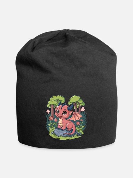 Dragon Sitting On A Rock With Flowers and Trees - Jersey Beanie - black - Front