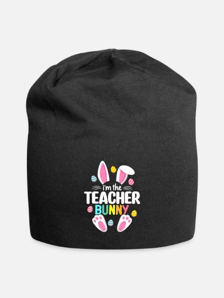 Teacher Easter Matching Family Party Bunny Face Co - Jersey Beanie - black