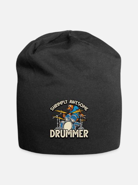 Funny Shrimp/Prawn Pun. Shrimply Awesome Drummer - Jersey Beanie - black - Front