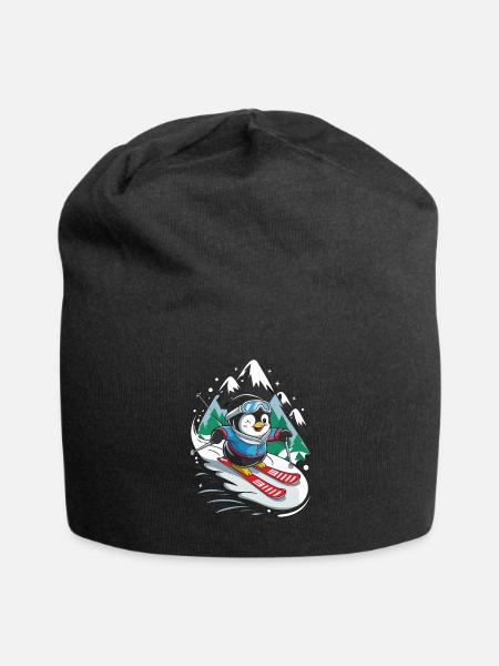 Cute Penguin Skiing In The Mountains - Jersey Beanie - black
