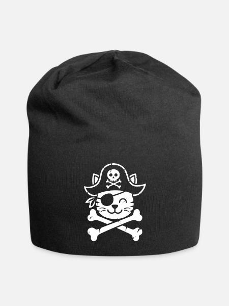 Cute Pirate Cat Design with Eye Patch Crossbones - Jersey Beanie - black - Front
