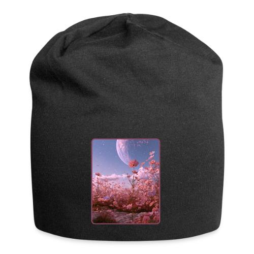 Cosmic Moon & Cosmos Flowers Art - Jersey Beanie