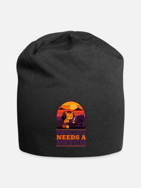 Retro Cat Patch Sunset Desk - Jersey Beanie - black - Front