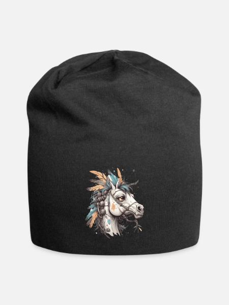 Beautiful horse with lots of colorful feathers and - Jersey Beanie - black
