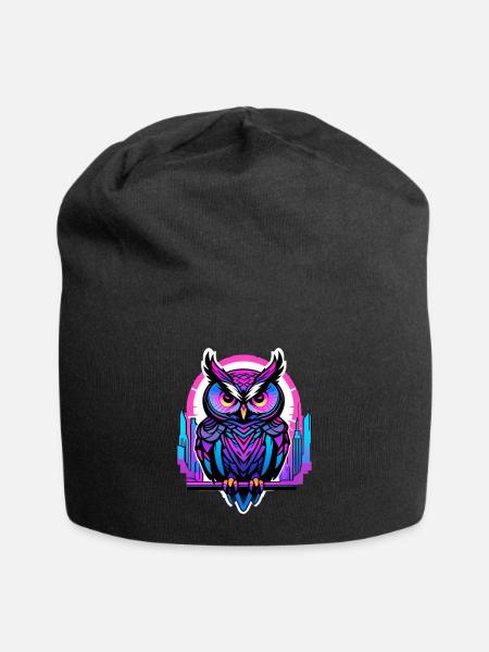 An owl with glowing neon blue and purple eyes - Jersey Beanie - black - Front