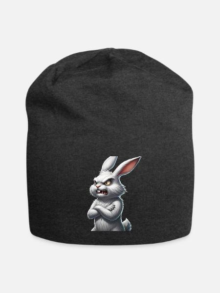 Fierce White Rabbit Grumpy Bunny Sharp Teeth - Jersey Beanie - charcoal grey - Front