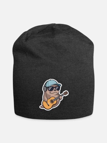 Cute Manatee Guitarist Mascot Character Art - Jersey Beanie - charcoal grey