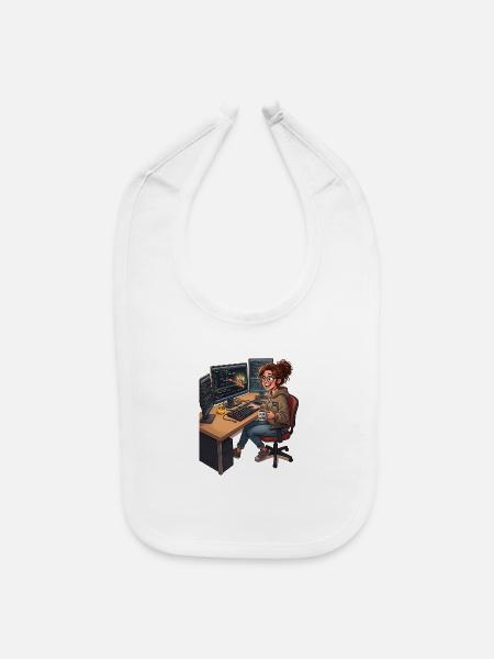 Cozy Coder at Triple-Monitor Desk - Baby Bib - white - Front
