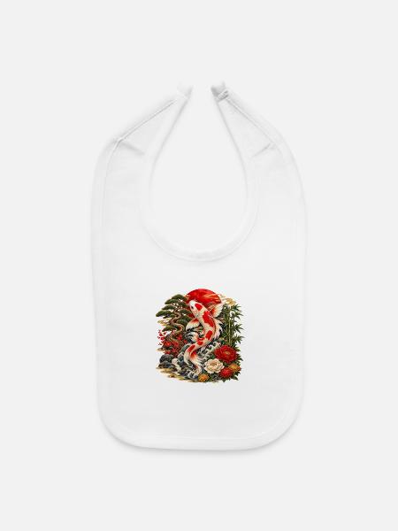 Koi and Blossoms in Golden Waves - Baby Bib - white - Front