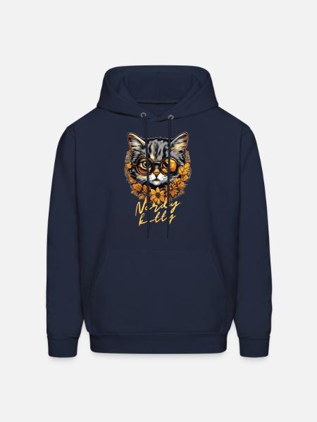Nerdy Kitty Delight: Funny Aesthetic Smart Cat Art - Men's Hoodie - navy