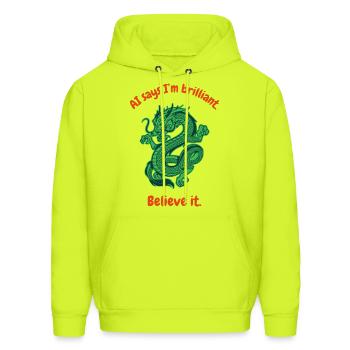 AI says I’m brilliant. Believe it. - Men's Hoodie - safety green - Front - Elias (183cm)