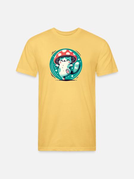 Whimsy Mushroom Hat Cat - Unisex Poly/Cotton T-Shirt - pastel yellow