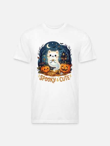 Spooky Cute Ghost Cat Halloween - Unisex Poly/Cotton T-Shirt - white